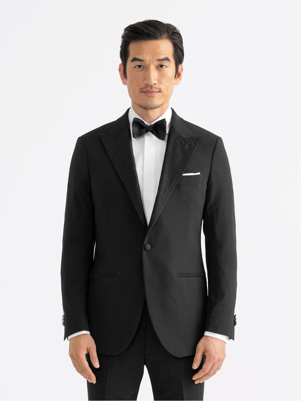 Proper Cloth Mayfair Black Stretch Wool Tuxedo Blazer and Pants Full Suit, 49R